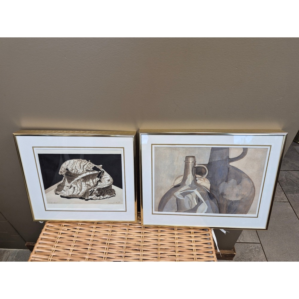 Original Still Life Watercolor Paintings Pair Signed Framed Vintage Wall Art